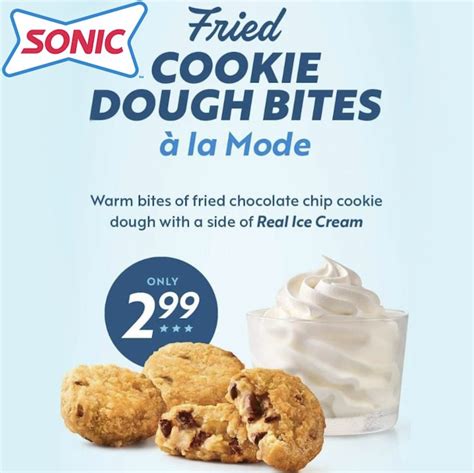 Sonic Big Scoop Cookie Dough Sonic Blast Nutrition Facts, including calories, ingredients, ... Discontinued Sizes. Mini Big Scoop Cookie Dough Sonic Blast LEAST CALORIES. Nutrition Facts 610 calories. ... Papa John's Twix Papa Bites; Arby's Fried Mac 'n Cheese Bites; McDonald's Mambo Sauce;. 