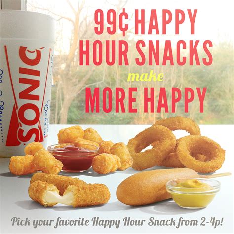 Sonic happy hour. Late Night Happy Hour: After 8:00 PM. Get ½ offs on all shakes at Sonic Drive-In after 8:00 PM. WEDNESDAY – Sonic Happy Hour. Opening Hours: 6:00 AM – 10:00 PM. 