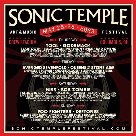 Sonic temple 2023. Commemorative lanyard. 3-4 night hotel stay included. Fast track entry & re-entry. Wednesday Welcome Party. $50 Sonic Temple merch voucher. Sonic Temple mini-guitar. Commemorative lanyard. 4-Day Columbus Owner's Day Club Pass included. 3-5 Night Stay at Hotel LeVeque (4 Star Hotel) included. 