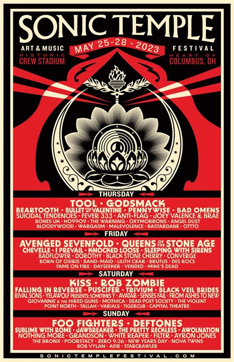 Sonic temple 2023 lineup. Jum. I 22, 1445 AH ... Sonic Temple will return to the Historic Crew Stadium in May 2024, with headliners Tool, Godsmack, Avenged Sevenfold, Queens Of The Stone Age, ... 