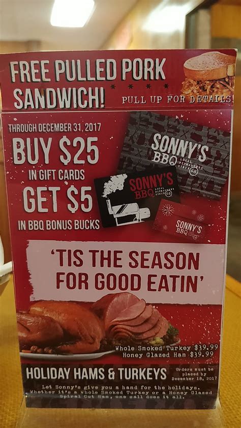 Sonny's bbq inverness menu. STArT your OrdEr Sonny SCATErin G.C oM SonnyS BbQ 750 W. MAin ST. inVErnESS, FL 34450 Cat-127 SidES Choose 3 OriGinAL rECiPE BbQ BEAnS 220 Cal per person HoMEMAdE CoLESLAw 150 Cal per person HoMESTyLE MAC & ChEESE 300 Cal per person GrEEn BEAnS 30 Cal per person BAKEd SwEET PoTATo 230 Cal per person Corn On ThE CoB 100 Cal per person BbQ dirTy riCE 