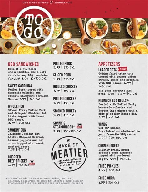 View the Menu of Sonny's BBQ in 2250 FL-71, Marianna, FL. Share it with friends or find your next meal. From slow-smoked favorites like pulled pork,.... 