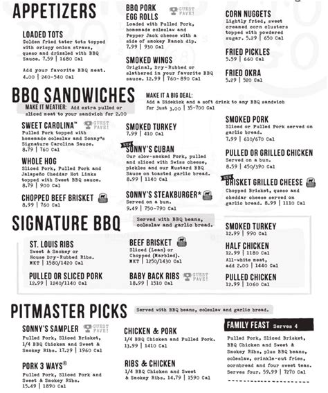 Sonny's bbq menu with prices 2023. Find the latest prices for Sonny's BBQ appetizers, sandwiches, signature BBQ, pitmaster picks, beverages, desserts, sidekicks, kids menu and more. Updated on Oct 27, 2023. 