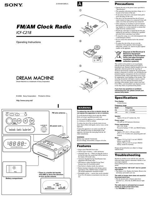 Sony dream machine icf c218 instruction manual. - Firex smoke alarm 120 538b user manual.