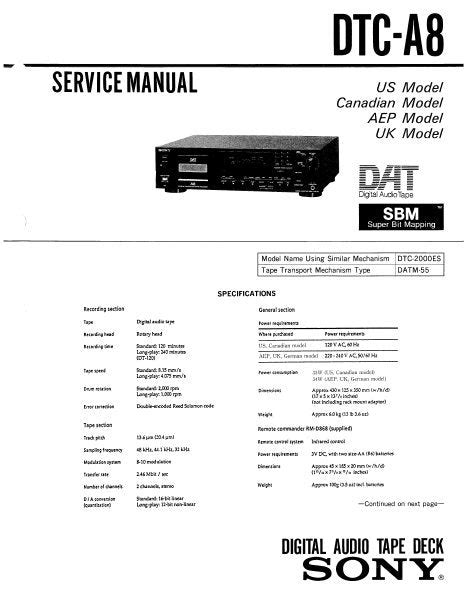 Sony dtc a8 digital audio tape deck repair manual. - Directoire canonique à l'usage des congrégations à voeux simples..