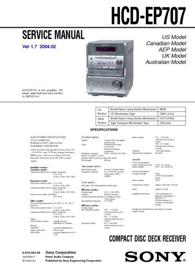 Sony hcd ep707 cd deck receiver service manual. - Keystone copper canyon rv owners manual.