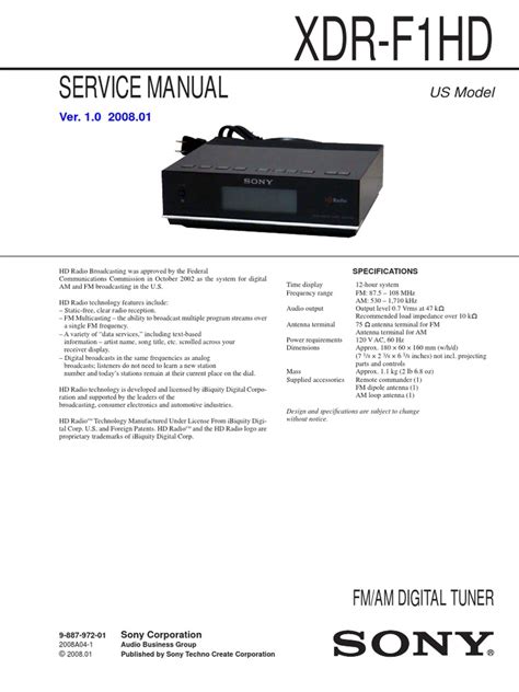 Sony xdrf1hd hd radio tuner manual. - Panasonic tx p42g15b p42g15e service manual repair guide.