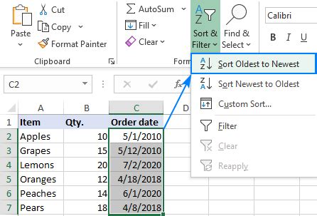 Sort according to date in excel