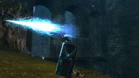 Creates a magic horizontal slash in the shape of a sword. Damage falls off at farther distances. Good for groups, but be wary of the windup. Ignores (goes through) barriers like walls and railings. Great for taking out an enemy who thinks he is safe. If the catalyst casting this spell is wielded in the left hand, the soul greatsword will swing .... 
