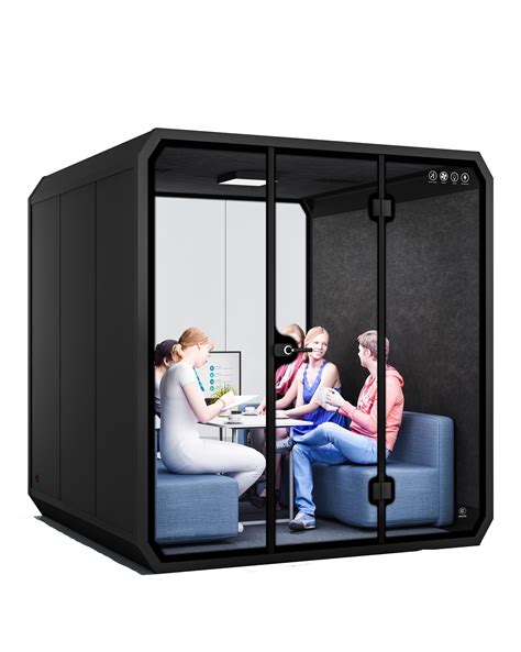Soundproof booth. The Kube Booth collection is highly adaptable by design, thanks to its unrivaled modularity. Our booths can easily be expanded from a two-person hub to a space that can accommodate 4, 6, or even 8 people. Additionally, all Kube cabins are stylish, easy to move and can blend seamlessly into the aesthetic of any workplace. 