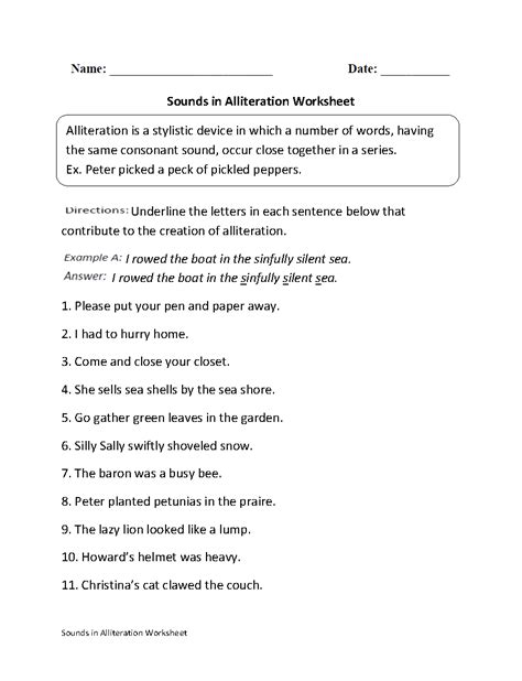 Sounds in Alliteration Worksheet English Grammar Book, English