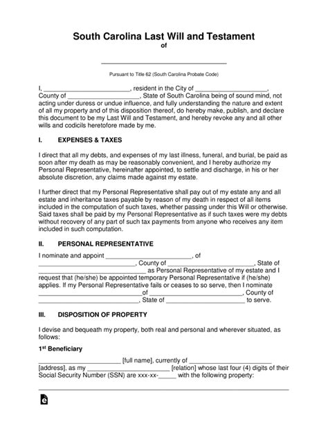 South Carolina Last Will and Testament Template - eForms