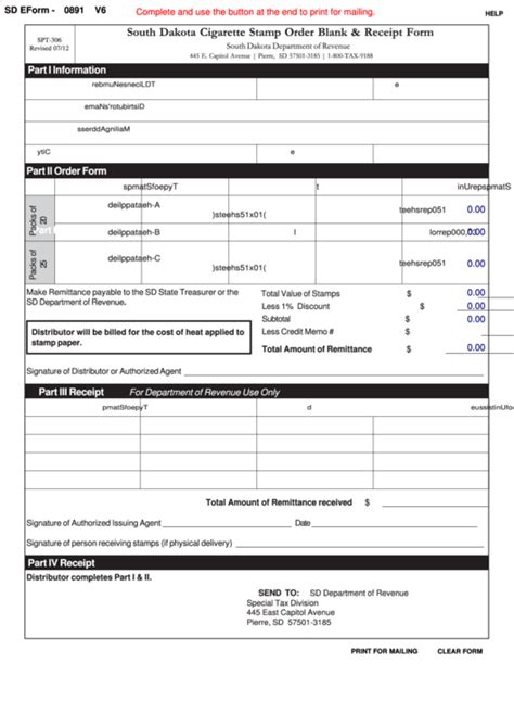 South Dakota Cigarette Stamp Order Blank & Receipt Form