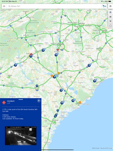 South carolina 511 traffic cameras. Maps depict current traffic conditions, as well as incident and construction events that can impact traffic on all Interstate, U.S., and State Routes. DMS, alert, and weather information is... 