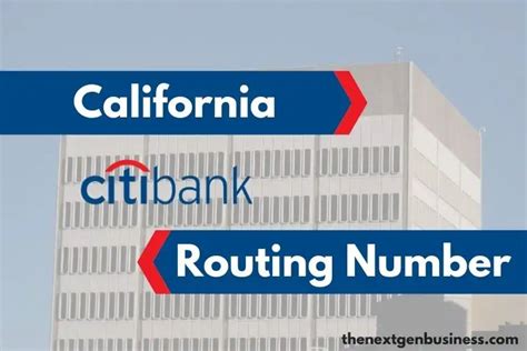 Routing Numbers for CitiBank NA in California are These Routing Numbers are valid for all transcation types of CitiBank in California, which includes Direct Deposit, e-transfers, wire transfers etc. Routing number is also printed at the bottom left corner of the check issued by your bank branch of CitiBank.. 