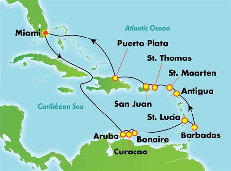 Southern caribbean map. Barbados, St. Kitts and St. Lucia also are major destinations. All three are common ports of call for both eastern and southern cruises. Aruba is better known for long-term stays, but it and neighboring Curaçao are attracting more cruise visits to the southwestern part of the Caribbean. Aruba: Oranjestad. Barbados: Bridgetown. 