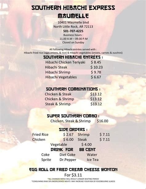  View the Menu of Southern Hibachi Express Maumelle in 10401 Maumelle blvd, North Little Rock, AR. Share it with friends or find your next meal. Hibachi food truck located on UltraGreen parking lot... 