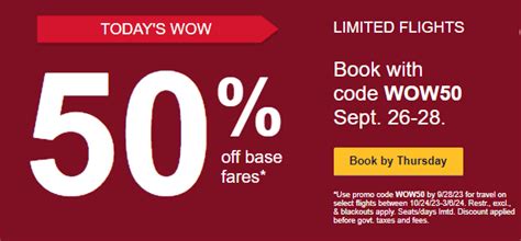 Southwest 50 off. Sep 26, 2023 ... Southwest Airlines Up To 50% Off Coupon Sale For Travel October 24 – March 6, 2024 (Book By September 28) ... Southwest Airlines has launched ... 