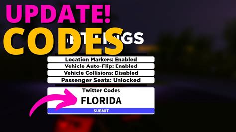May 2, 2023 · You need cash to unlock new cars in Southwest Florida. As of May 2023, there aren’t any working Southwest Florida codes that Roblox players can redeem for free cash and cars. Having said that, the game has supported several codes in the past and new ones might arrive with upcoming updates. Hence, make sure to bookmark this article and check ... 