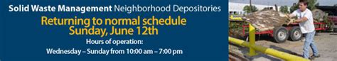 10 am - 7 pm. Closed on Monday. Southwest Neighborhood Depository. 10785 SW Freeway. Houston, TX 77074. Tuesday- Sunday. 10 am - 7 pm. Closed on Monday. The City of Houston Solid Waste Management Department (SWMD) manages the single-family curbside collection and disposal of garbage and recycling within the city limits of Houston, Texas.. 