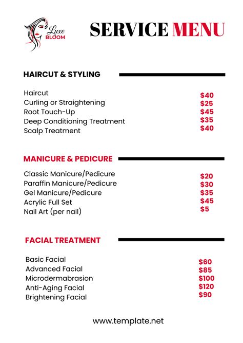 Spa And Salon Service Menu And Price List Template in 2020