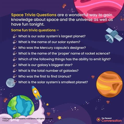 Space questions. Q: Largest planet in our solar system? A: Jupiter. Q: First human to walk on the moon? A: Neil Armstrong. Q: First spacecraft to reach the moon in 1959? A: Luna 2. Q: Name of Saturn’s largest moon? A: Titan. My Experience : Reminds me of an astronomy class where we delved into the moons of the gas giants. 🪐🌑😄. 