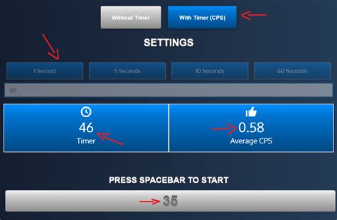  To start spacebar test just click the "start"; button and press the spacebar key. The 10 seconds timer will start right after you press spacebar the first time. After time is up, you will get your result and your max result ever on this website. To start over just click "try again" button. . 