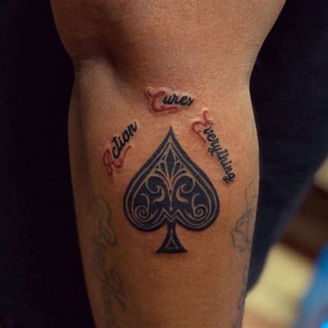 Spades tattoo. For some, the skull in the ace of spades tattoo is a symbol of non-conformity and a visual expression of their desire to break free from the constraints of society. 4. Personalized Elements. Beyond these common symbols, many individuals choose to personalize their ace of spades tattoos with additional elements that hold … 