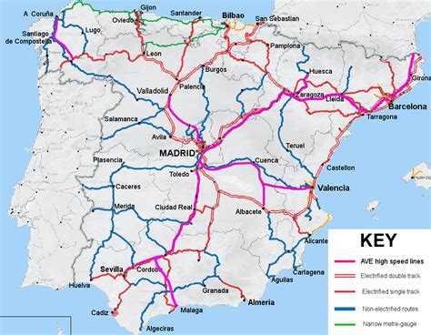 Spain train map (Southern Europe - Europe) to download. Spain has several types of trains, and largo recorrido or Grandes Líneas (long-distance trains) in particular have a variety of names as its shown in Spain train map. Alaris, Altaria, Alvia, Arco & Avant Long-distance intermediate-speed services..