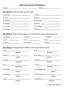 Spanish 1 Basic Conjugation Practice Worksheet For Ar Verbs Tpt
