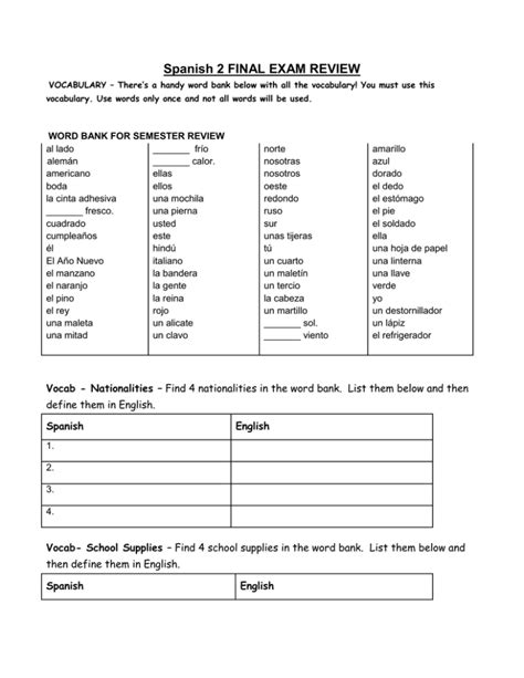 Spanish 2 semester 2 review packet for final exams. 