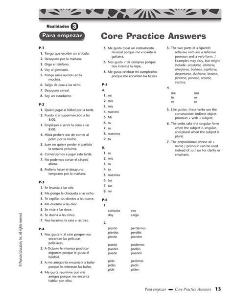 Spanish Answers Practice Core