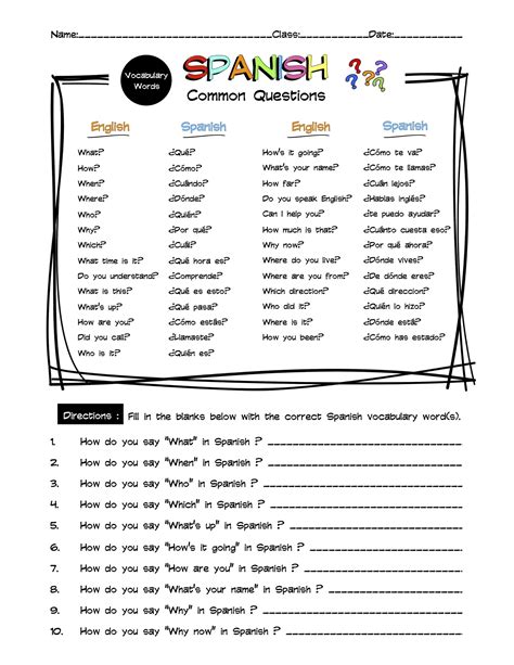 Spanish Common Questions Vocabulary Word List Worksheet & Answer Key