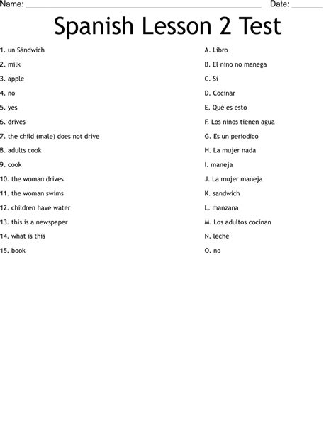 Spanish Lesson 2 Test Worksheet WordMint