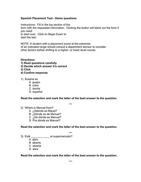 Spanish Placement Test Demo questions Instructions Fill in the top