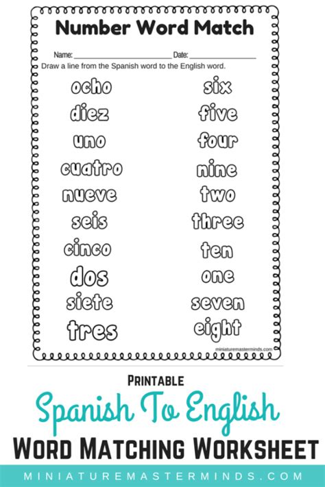 Spanish To English Word Number Matching Worksheet Spanish language