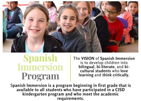 Spanish immersion. Feb 15, 2024 ... In the Dual Language Immersion Program, students develop proficiency in Spanish and English through content-matter instruction. 