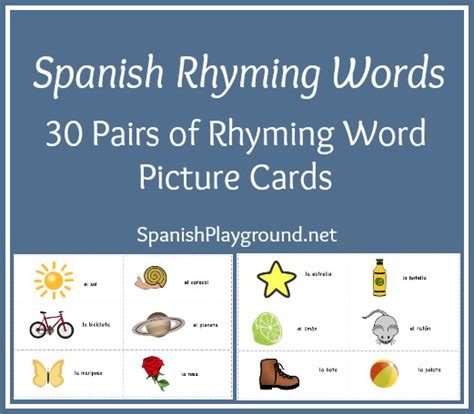 Spanish Rhyming Words Palabras que rimanThis is a set of 75 rhyming puzzles in Spanish (150 words). Each puzzle piece has a picture and the word.75 rompecabezas de palabras que riman (150 palabras) Cada pieza del rompecabezas tiene el dibujo y la palabra.You may also like:Rimas: Hojas de trabajoTarjetas de rimasSpanish Rhyming Clip Cards . 