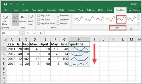 Spark lines. Selecting cells. Click the Insert tab. In the Sparklines group, select Line. A dialog box will appear. The Line command. Make sure the insertion point is next to Location Range. Click the cell where you want the sparkline to … 