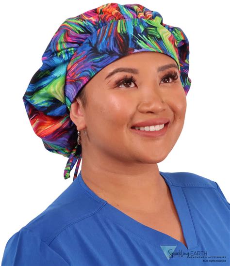 Sparkling earth scrub caps. Overview on Banded Bouffant Medical Scrub Caps: One size fits most. Designed and Manufactured in the USA. Comfortable, durable, breathable, washable and 100% cotton fabric. Best suited for medium to long hair. Absorbent sweatband sewn in for an extra layer of comfort and protection while you work. Stops sweat from dripping down your forehead ... 
