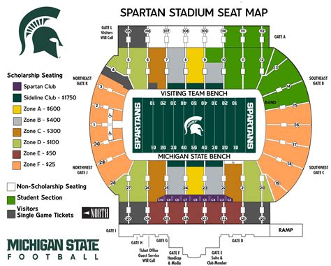Upper deck on the MSU side of the field, that's the West side of the stadium, you'll be in the shade, with the sun to your back. That's sections 120-127. Tailgating happens all over. There isn't a designated student tailgate area, on football Saturdays the prohibition of open containers is suspended on campus.. 