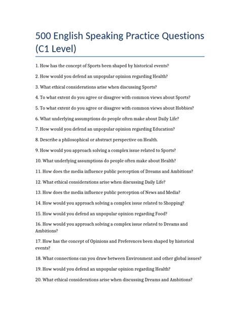 Speaking b2 questions.  The document contains 500 English speaking practice questions aimed at ...
