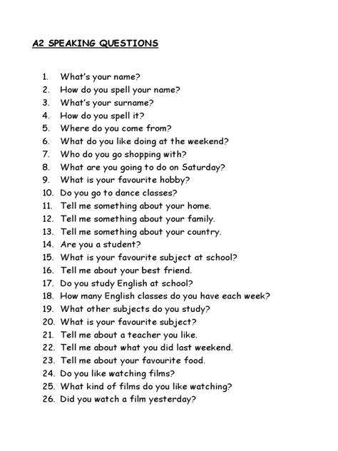 Speaking questions a2 pdf.  Tell students that the examiner will always star...