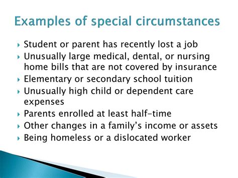 TCNJ Special Circumstances Guidelines. Section 479A of the Higher Education Act of 1965, as amended, authorizes the Director of Student Financial Assistance to use professional judgment, on a case-by-case basis, for students with “special circumstances” that affect a family’s ability to pay for a college education that is not reflected in ... . 