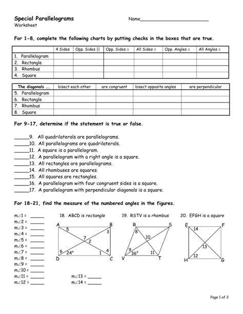 Special parallelograms worksheet pdf. Welcome to our Area of Quadrilateral Worksheets page. Here you will find a range of free printable area sheets, which will help your child to learn to find the areas of a range of different quadrilaterals including parallelograms, trapezoids (or trapeziums if you are in the UK), rectangles and kites. These sheets are aimed at children of a 6th ... 