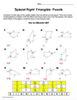 Worksheet right special triangles grade 9th 12thSpecial right 