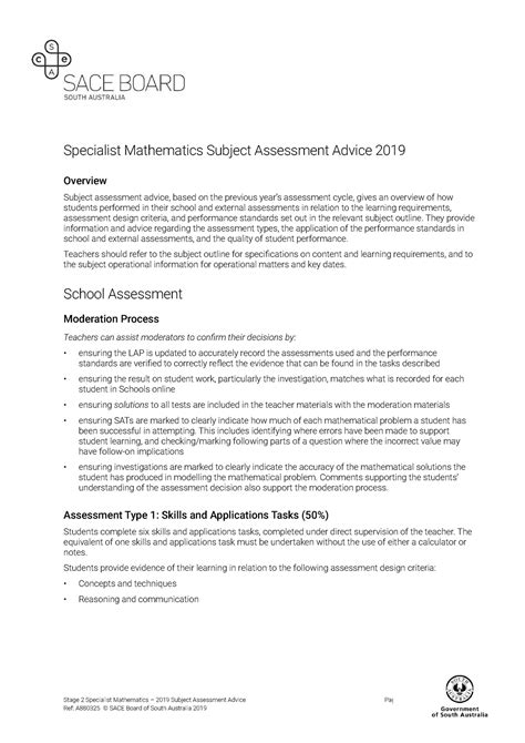 Specialist maths study design 2019.  Subject assessment advice, based ...