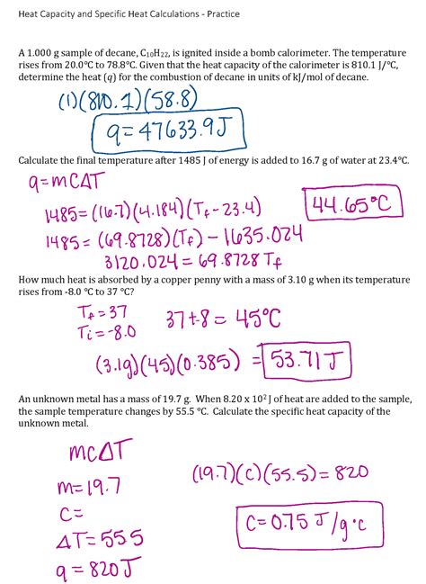 Specific Heat Calculations Answers