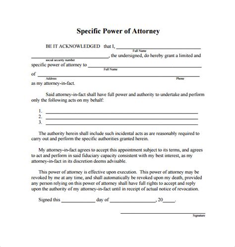 Specific Power Of Attorney Template