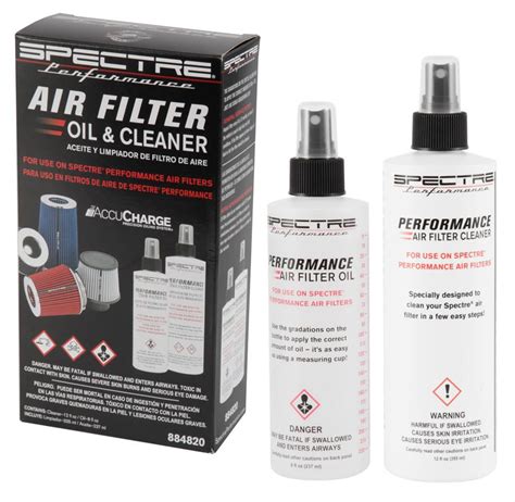Spectre Panel Air Filter: Weight: 1 lb (0.5 kg) Filter Re-Oiling Amount: 1.18 oz (35 ml) Product Box Height: 11.4 in (290 mm) Product Box Length: 9.6 in (244 mm) ... Air Filter Cleaning Kit. Spectre Performance Products POLE POSITION PERFORMANCE. Products designed and tested to perform and last.